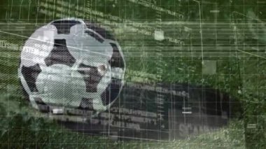 Futbol üzerinden veri işleme animasyonu. Küresel spor ve dijital arayüz kavramı dijital olarak oluşturulmuş video.