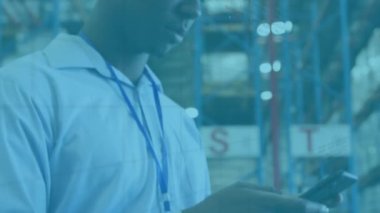 Animation of data processing over man working in warehouse. Global shipping delivery and connections concept digitally generated video.