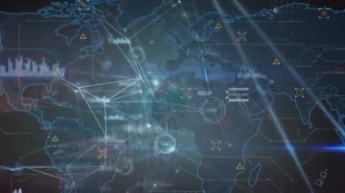 Dünya haritası üzerindeki bağlantı ağının animasyonu. Küresel iş ve dijital arayüz kavramı dijital olarak oluşturulmuş video.
