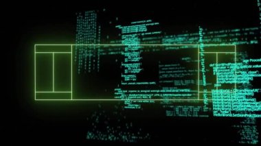 Neon spor sahasında veri işleme animasyonu. Küresel spor, rekabet ve veri işleme kavramı dijital olarak oluşturulmuş video.