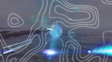 Veri işleme ve topoğrafya animasyonları denizdeki dalgalara karşı. Küresel ağ ve iş teknolojisi kavramı