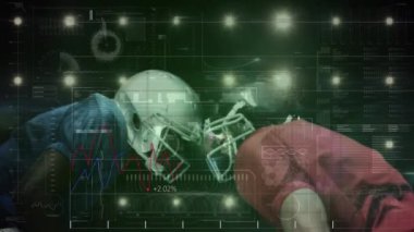 Çeşitli erkek ragbi oyuncuları üzerinde veri işleme animasyonu. Küresel spor ve dijital arayüz kavramı dijital olarak oluşturulmuş video.