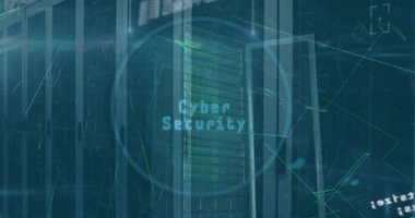 Dijital veri işleme ve dijital arayüz animasyonu ve mavi arkaplan üzerindeki ızgara. Küresel veri işleme kavramı dijital oluşturulmuş video.