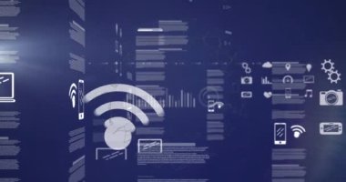 Wi-Fi simgeleri, çubuk grafikleri, programlama dili ve cep telefonu simgelerinin animasyonu. Dijital olarak oluşturulmuş, hologram, rapor, kodlama, finans, veri, iletişim ve kablosuz teknoloji.