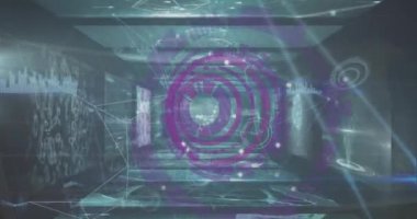 Bilgi arayüzü ekranları arasında noktaları birleştiren dijital dairelerin animasyonu. Hologram, dijital olarak oluşturulmuş, genetik, veritabanı, telekomünikasyon ve teknoloji kavramı.