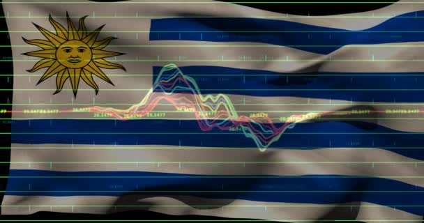 Animación Ondear Bandera Uruguay Sobre Procesamiento Datos Financieros Concepto Global — Vídeos de Stock