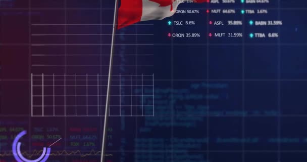 Анімація Махаючого Прапора Канади Над Обробкою Фінансових Даних Глобальна Обробка — стокове відео