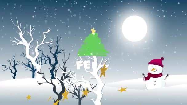 Animace Feliz Navidad Text Přes Vánoční Zimní Scenérie Sněhulákem Vánoce — Stock video