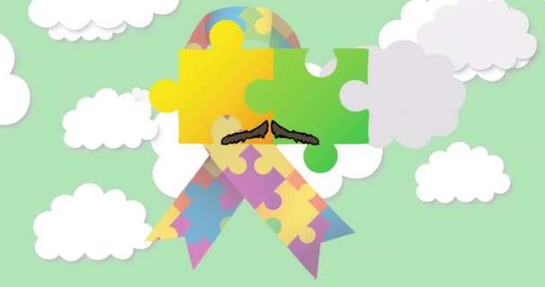 カラフルなパズルの上に雲や癌リボンのアニメーション 自動認識月とお祝いのコンセプトデジタル生成されたビデオ — ストック動画
