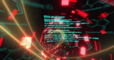 Veri işleme ve kimyasal formüllerin neon ışıklı siyah arkaplan üzerindeki görüntüsü. Bilim, insan biyolojisi ve teknoloji konsepti dijital olarak üretilen görüntü.