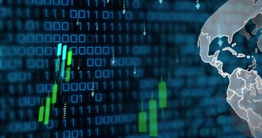 Dünya üzerinde veri işleme görüntüsü. Küresel iş, finans ve dijital arayüz kavramı dijital olarak oluşturulmuş görüntü.