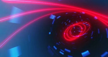 Çoklu kırmızı ve mavi parlayan ışık yollarının parlayan tünelinin görüntüsü. Hipnotik hareket hızında kusursuz döngü içinde hareket ediyorlar. Renk ve hareket kavramı dijital olarak oluşturuldu.