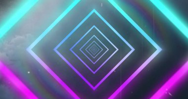 Kara bulutlara karşı pürüzsüz bir şablonla tünelde metin afişi kazandığın görüntüler. resim oyunu arayüzü ve teknoloji kavramı