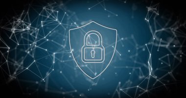 Beyaz kilit çevrimiçi güvenlik simgesi veri işleme ve mavi arkaplandaki bağlantı ağıyla dijital arayüz resmi. Çevrimiçi güvenlik kavramı dijital olarak oluşturulmuş görüntü.