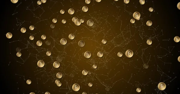 Image Multiple Glowing Gold Bitcoin Symbols Falling Networks Connections Brown — Stock Photo, Image