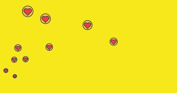 Εικόνα Από Πολλαπλά Ψηφιακά Κόκκινα Εικονίδια Αγάπης Καρδιά Επιπλέουν Κίτρινο — Φωτογραφία Αρχείου