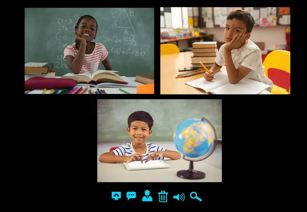 Videoverbinding Met Schoolkinderen Het Scherm Communicatietechnologie Online Basisonderwijs Digitaal Samengesteld — Stockfoto
