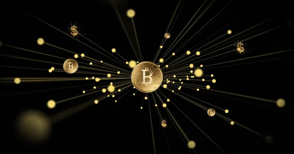Image of multiple glowing gold American dollar and Bitcoin symbols with gold spots on black background. Online security concept digitally generated image.