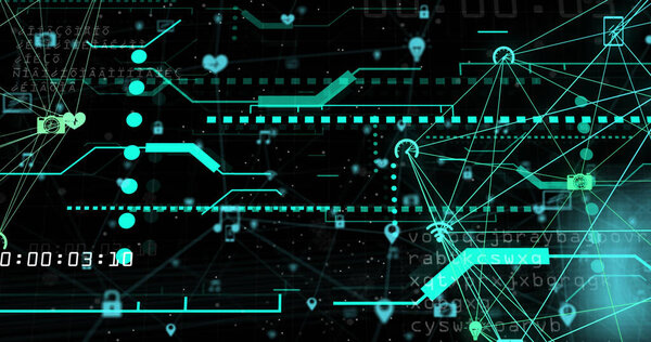 Изображение обработки данных и значков на черном фоне. Концепция глобального делового и цифрового интерфейса.