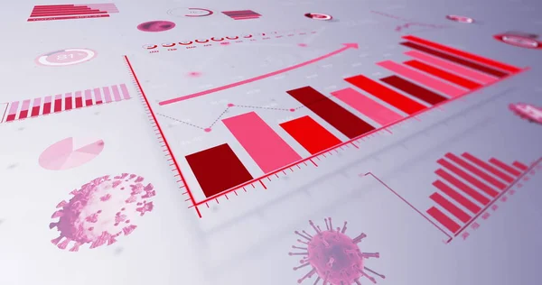 Image of coronavirus Covid 19 cells with red graph statistics recording and data processing on white background. Coronavirus Covid 19 spreading pandemic concept digitally generated image.