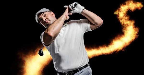 Composición Jugador Golf Masculino Sobre Llamas Sobre Fondo Negro Concepto —  Fotos de Stock