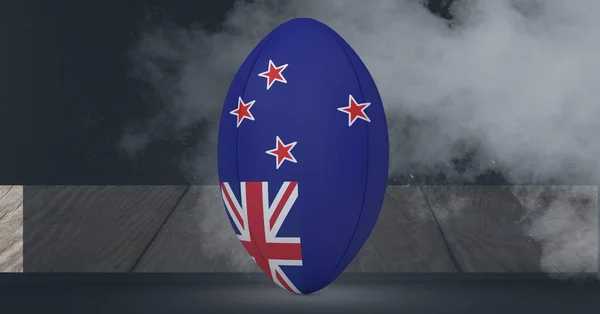 Composition Rugby Ball Decorated Flag New Zealand Black Background Smoke — Stock Photo, Image