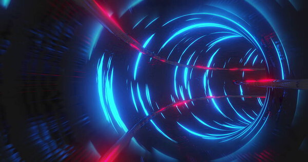 Image of glowing tunnel of multiple red and blue glowing light trails moving in hypnotic motion in seamless loop. Colour and movement concept digitally generated image.