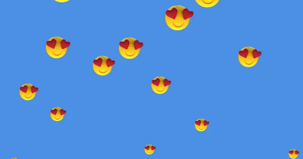 Kırmızı Kalpli Birden Fazla Emoji Resmi Mavi Arkaplanda Yüzen Aşk — Stok fotoğraf