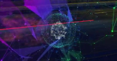 Şehir manzarasında hareket eden şekillerin animasyonu. küresel iş ve dijital arayüz kavramı dijital olarak oluşturulmuş video.