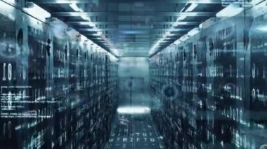 Sunucu odasında veri işleme animasyonu. küresel teknoloji, bilgisayar ve dijital arayüz kavramı dijital olarak oluşturulmuş video.