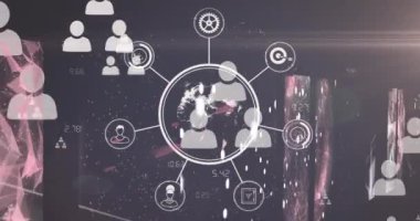 Karanlık arkaplanda veri işleme üzerine simgelerle bağlantı ağının animasyonları. Küresel bağlantılar ve veri işleme kavramı dijital video oluşturuldu.