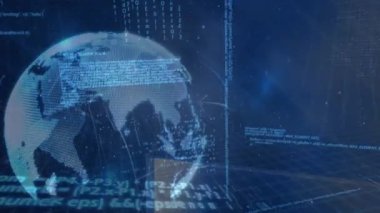 Koyu arkaplan üzerinde küre ve veri işleme animasyonu. Küresel bağlantılar ve veri işleme kavramı dijital video oluşturuldu.