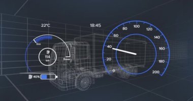 3D araba modelinin animasyonu ve koyu arkaplan üzerindeki hız göstergesi. Küresel bağlantılar ve veri işleme kavramı dijital video oluşturuldu.