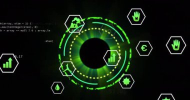 Siyah arkaplandaki simgelerle veri işleme üzerinde tarama yapmanın animasyonu. Küresel teknoloji, bilgisayar ve dijital arayüz kavramı dijital olarak oluşturulmuş video.