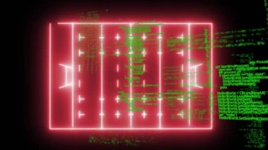 Neon ragbi alanı üzerinde veri işleme animasyonu. Küresel spor, rekabet ve veri işleme kavramı dijital olarak oluşturulmuş video.