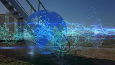 Kafkasyalı erkek işçilerin üzerindeki dünya ve bağlantılar ağının animasyonu. Küresel iş ve dijital arayüz kavramı dijital olarak oluşturulmuş video.
