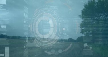 Manzara üzerinde veri işleme animasyonu. küresel iş ve dijital arayüz kavramı dijital olarak oluşturulmuş video.