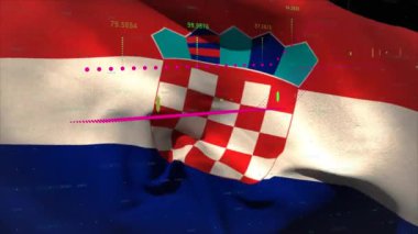 Hırvat bayrağı üzerinde veri işleme animasyonu. Küresel iş, vatanseverlik ve dijital arayüz kavramı dijital olarak üretilen video.