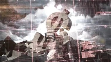 Dolar üzerinde veri işleme animasyonu. Küresel iş ve dijital arayüz kavramı dijital olarak oluşturulmuş video.