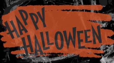 Şekiller üzerinde mutlu Cadılar Bayramı metninin animasyonu. Cadılar Bayramı, gelenek ve kutlama konsepti dijital olarak oluşturulmuş video.