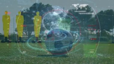 Satır grafikleri ve oklar üzerinden veri işleme animasyonu. Küresel spor bağlantıları ve teknoloji konsepti dijital olarak oluşturulmuş video.