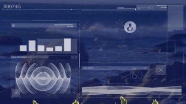 Manzara üzerinde veri işleme animasyonu. Küresel veri işleme ve ekonomi kavramı dijital video üretimi.