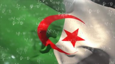 Cezayir bayrağı üzerinde veri işleme animasyonu. Küresel iş, vatanseverlik ve dijital arayüz kavramı dijital olarak üretilen video.