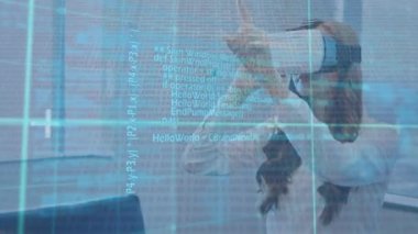 Animation of data processing over caucasian businesswoman using vr headset. Global business and digital interface concept digitally generated video.