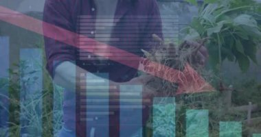 Bahçede çalışan beyaz bir adam hakkında finansal veri işleme animasyonu. Küresel finansman, ekoloji ve dijital arayüz kavramı dijital olarak oluşturulmuş video.