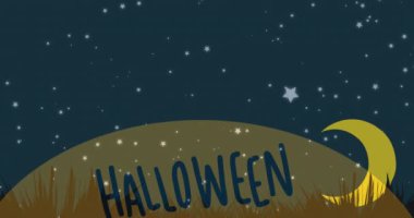 Cadılar Bayramı metninin Ay ve balkabağı üzerindeki canlandırması. Cadılar bayramı ve kutlama konsepti dijital olarak oluşturulmuş video.