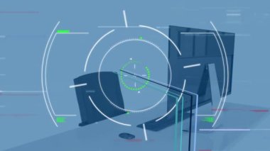 Boş ofis üzerinde parazit ve tarama animasyonu. Küresel teknoloji, iş ve dijital arayüz kavramı dijital olarak oluşturulmuş video.