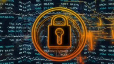 Kapsam taramasında veri işleme ve asma kilit animasyonu. Küresel iş ve dijital arayüz kavramı dijital olarak oluşturulmuş video.