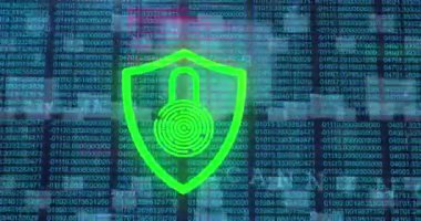 Asma kilit üzerinde veri işleme animasyonu. küresel iş ve dijital arayüz kavramı dijital olarak oluşturulmuş video.