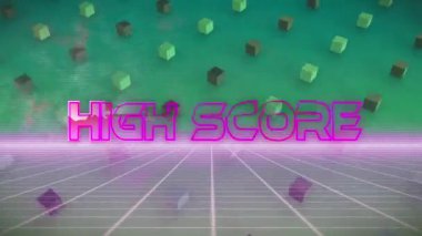 Yeşil arkaplandaki kareler ve çizgiler üzerinden yüksek skorlu metin animasyonu. Sosyal medya, teknoloji ve dijital arayüz kavramı dijital olarak oluşturulmuş video.